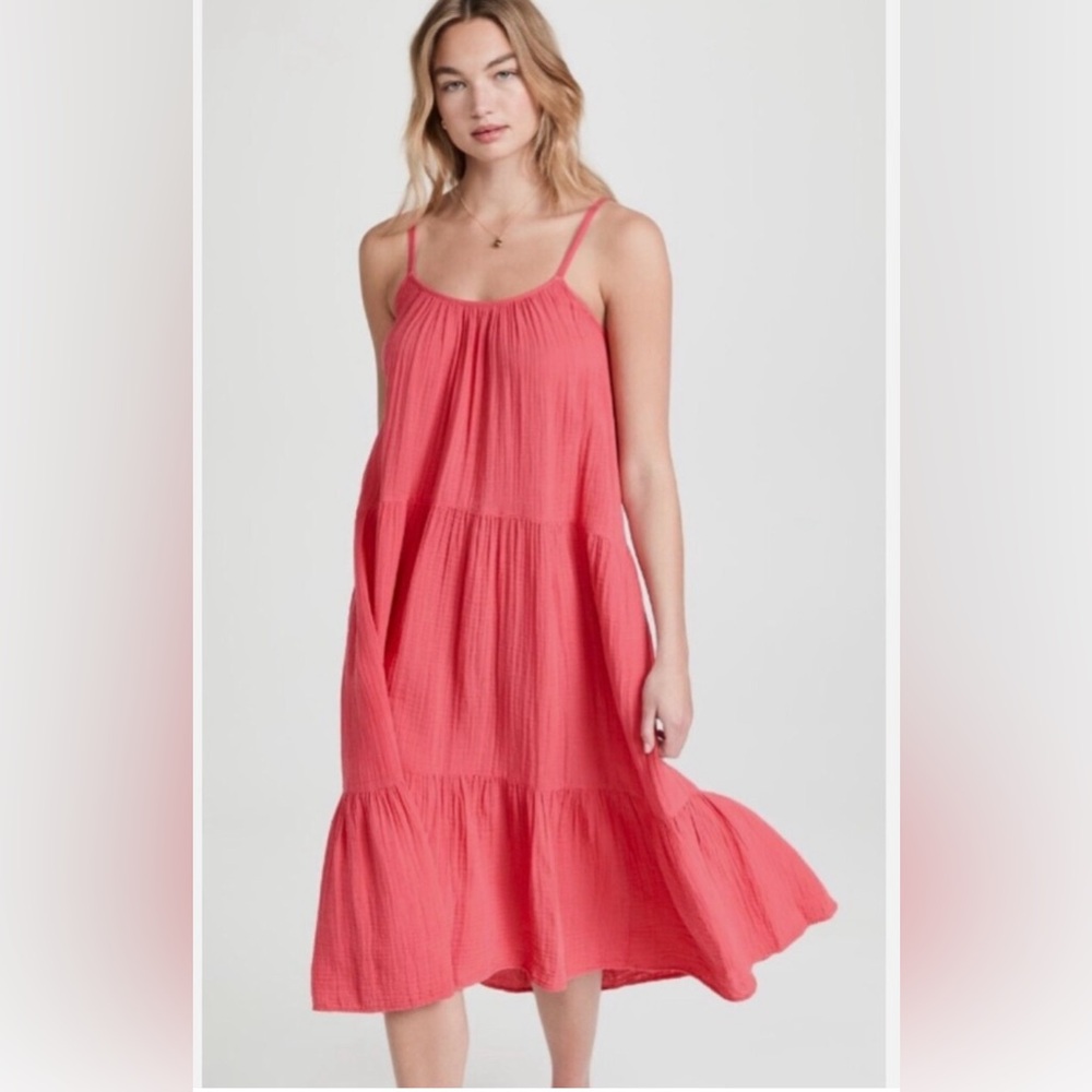 XIRENA Ruby Dress 100% Cotton Gauze Tiered Casual Maxi Dress Pockets Coral L